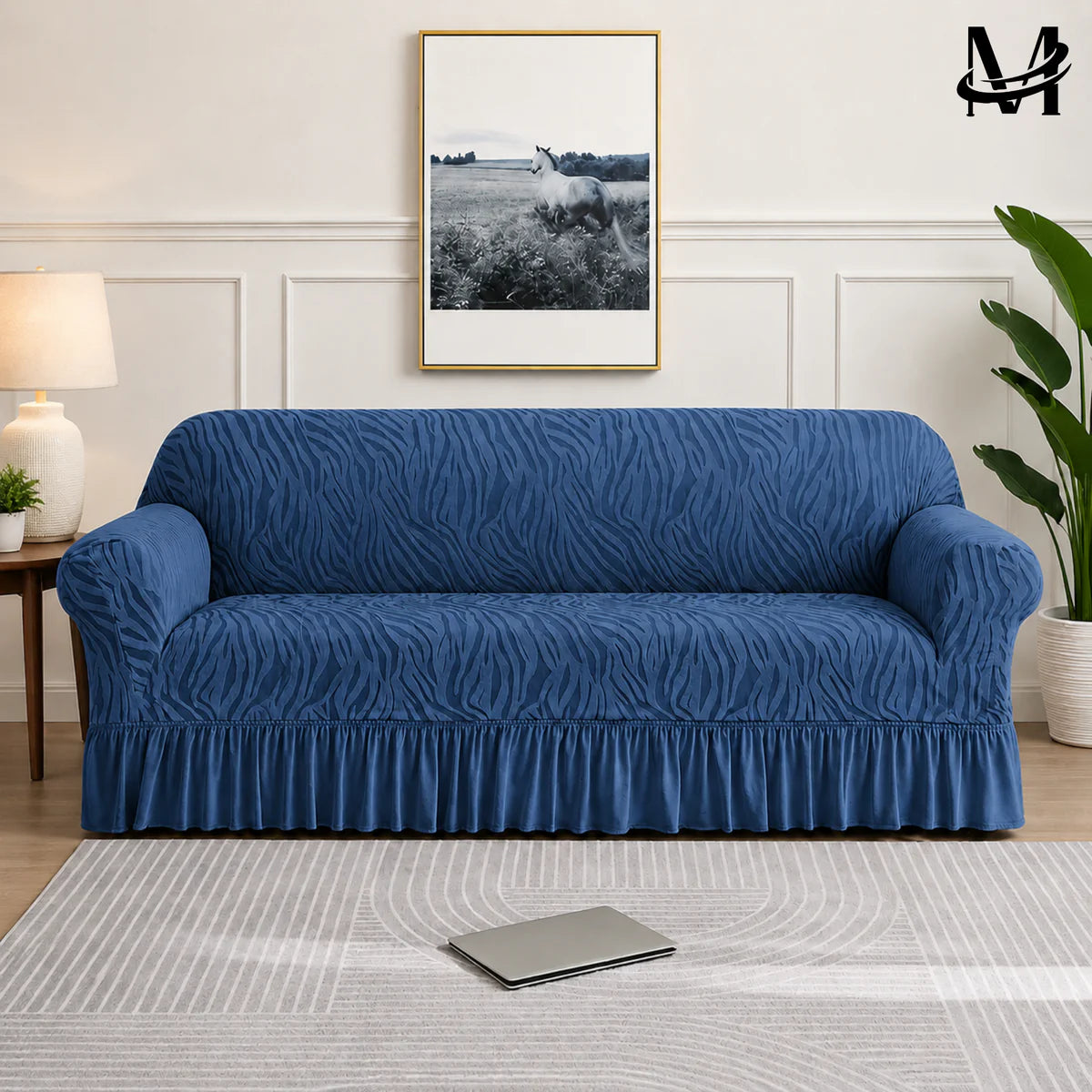 Premium Zebra Velvet Turkish Sofa Cover (blue) | Luxury Stretchable Sofa Protector