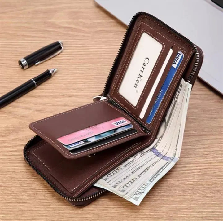 Black &BROWN Leather Wallet for Men with Zipper Closure