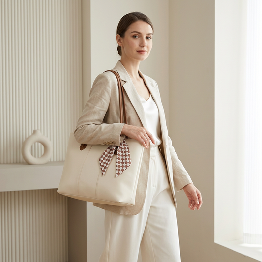 Premium Silk Tote Bag White with Scarf Accent